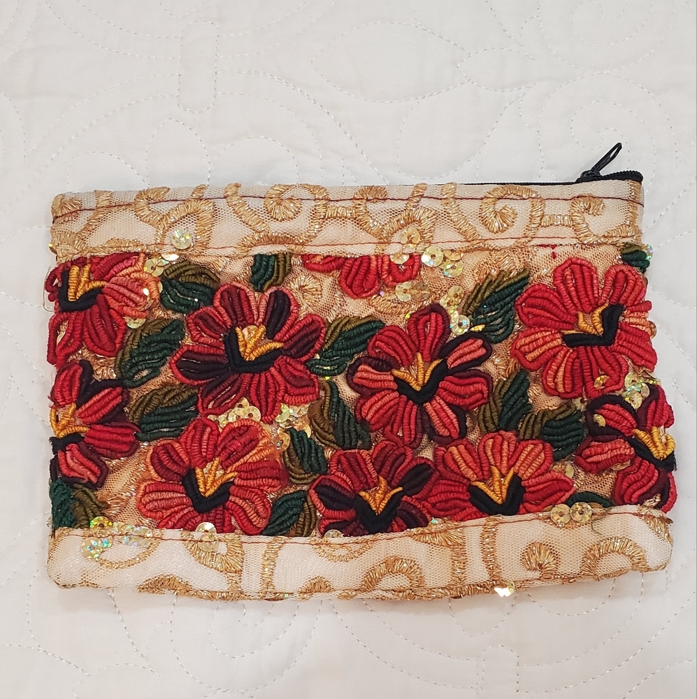 Embroidered & Sequined mini zip purse